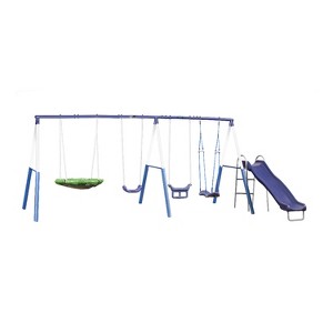 XDP Recreation Surf N Swing Painted Steel 5 Station Kids Outdoor Backyard Swing and Play Set with Wave Slide, Foam Leg Guards, and Hardware, Blue - 1 of 4