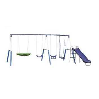 XDP Recreation Surf N Swing 5 Station Kids Outdoor Backyard Play Set with Wave Slide, Super Disc, Surfboard Swing, Stand R Swing, and More, Blue
