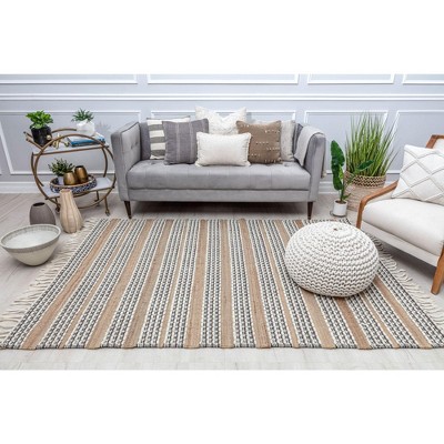 Handmade Natural Jute and Wool Striped Area Rug with Tassels