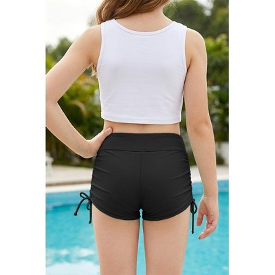 Charmo Girls High Waist Ruched Side Drawstring Swim Shorts Comfortable Coverage Swimming Bottom Black 15-16 Years — фото 4