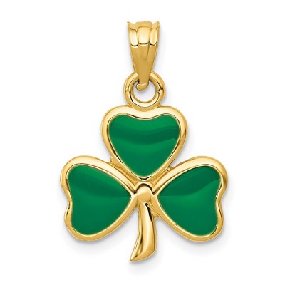 Black Bow Jewelry 14k Yellow Gold & Green Enameled Three Leaf Clover Pendant, 15mm