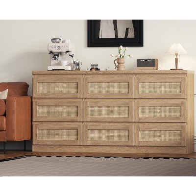 9-Drawer Rattan Dresser with Charging Station, Farmhouse Wood Chest for Bedroom, Living Room, Hallway Storage Organizer