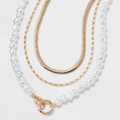 Gold Pearl Herringbone Chain 3 Row Necklace - A New Day&#8482; Gold