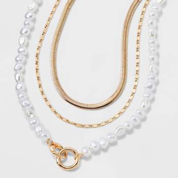 Gold Pearl Herringbone Chain 3 Row Necklace - A New Day™ Gold