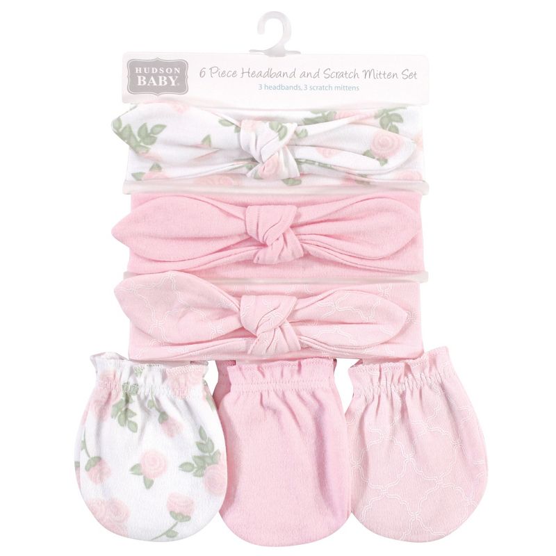 Hudson Baby Infant Girl Cotton Headband and Scratch Mitten 6pc Set, Roses, 0-6 Months, 3 of 4