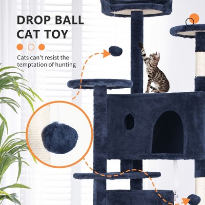 70in Navy Blue Multi-Level Cat Tree Tower with Sisal Posts