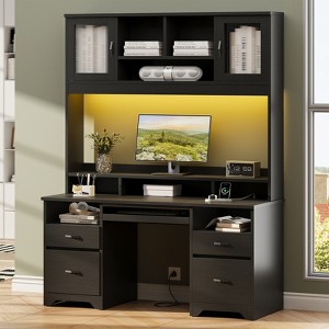 Bestier Executive Hutch Desk with Drawers & Charge Station, 78" H Office Desk LED Modern Wood Computer Desk with Cabinet & Keyboard Tray - 1 of 4