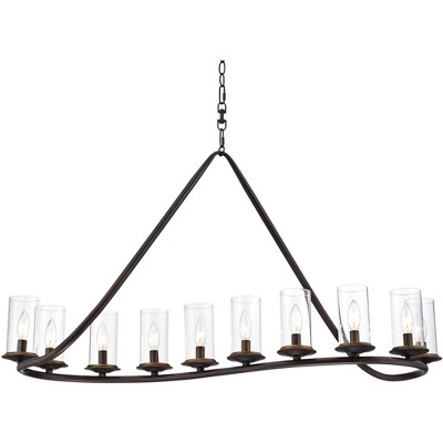 Franklin Iron Works Bronze Large Linear Island Pendant Chandelier 44" Wide Modern Rustic Glass Cylinder 10-Light Fixture Kitchen