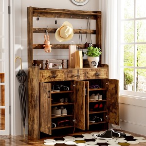 KTMBDW Four-Door Shoe Cabinet with Coat Rack, Spacious Top,3 Drawers, 8 Shelves, Metal hooks and handles for Hallway, Entryway, Living Room - 1 of 4