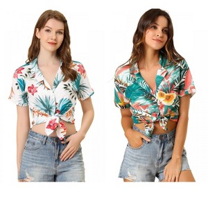 Allegra K Women's Hawaiian Floral Leaves Printed Short Sleeve Button Down Vintage Shirt 2 Pcs - 1 of 4