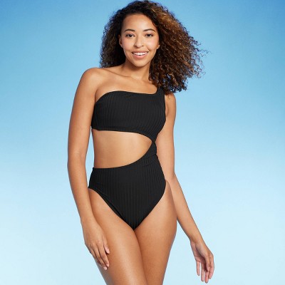 Women's Ribbed One Shoulder Cut Out One Piece Swimsuit - Shade & Shore™  Black XS