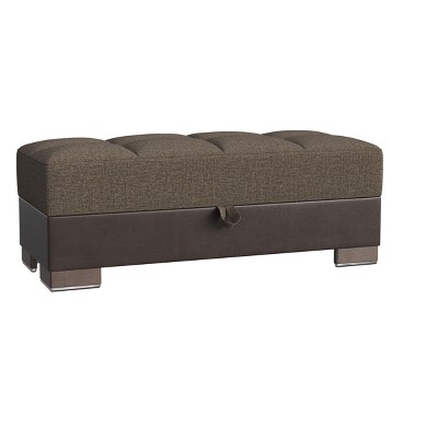 HomeRoots 52" Brown Chenille And Faux Leather Tufted Storage Ottoman