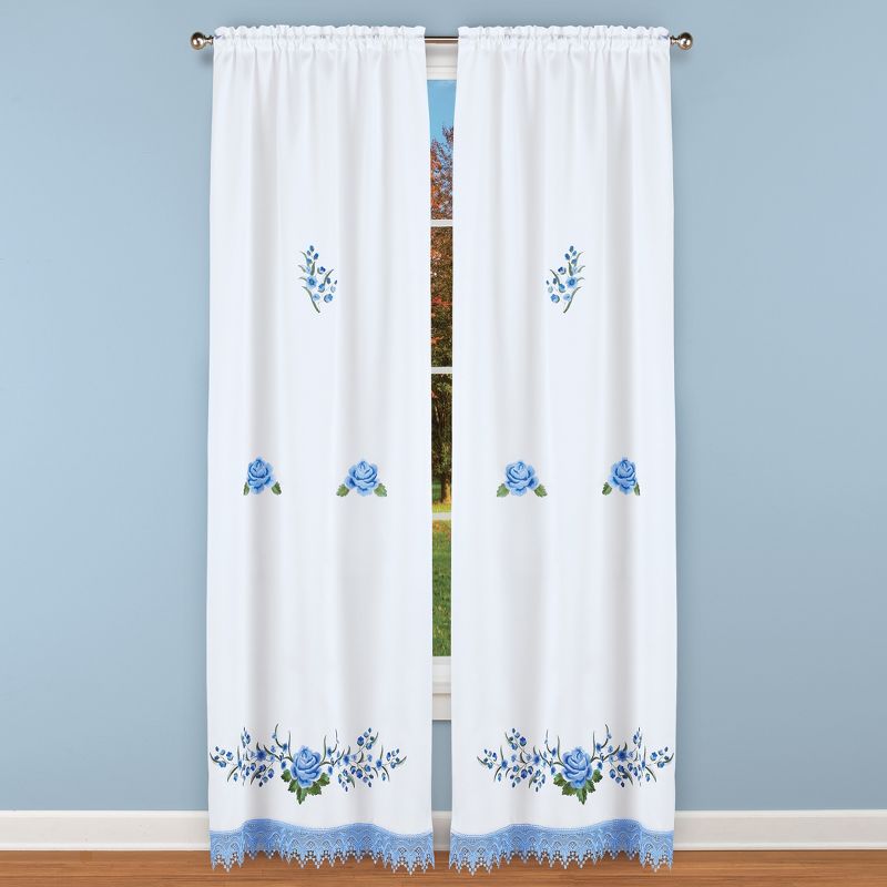Collections Etc Embroidered Blue Rose with Lace Window Drapes, 2 of 4