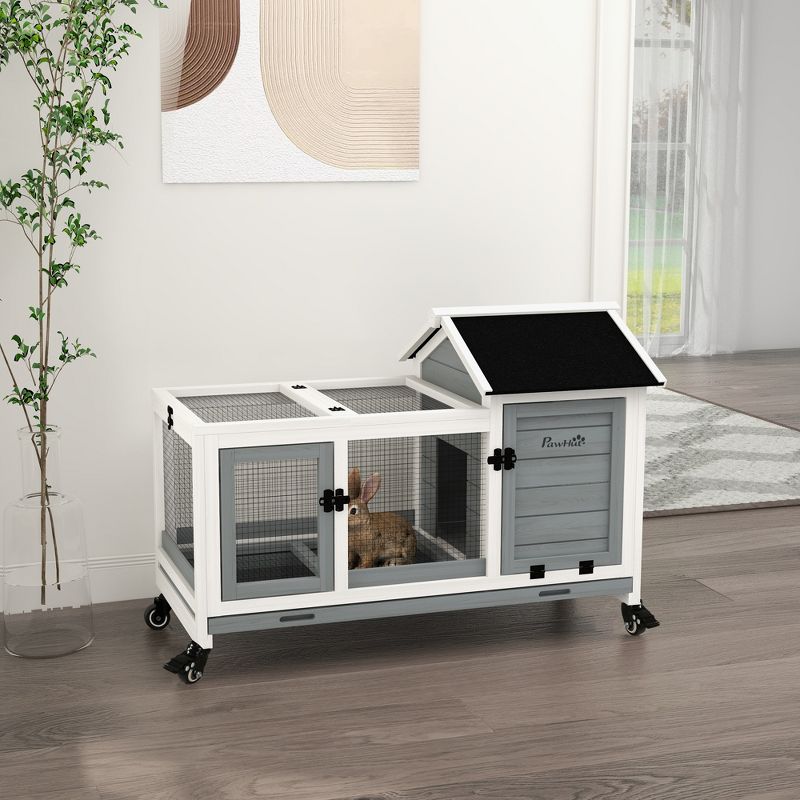PawHut Indoor Outdoor Wooden Rabbit Hutch with Wheels, Large Bunny Cage with Run, Slide-out Tray for Small Animals, Guinea Pig, Gray, 3 of 7