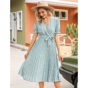 Coolmee Women's Dress Floral Wrap V Neck Pleated Dress Short Lantern Sleeve Flowy A Line Midi Dress with Belted - 1 of 4