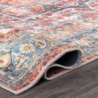 Vintage Red and Blue Synthetic Flat Woven 5' x 7' Area Rug