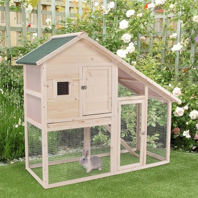 Natural Wood 2-Tier Guinea Pig Hutch with Ramp and Roof