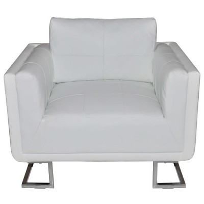 vidaXL Scandinavian-Modern Cube Armchair, White Leather Upholstered, Solid Wooden Frame with Chrome Feet, Comfort with High Tensile Pillow