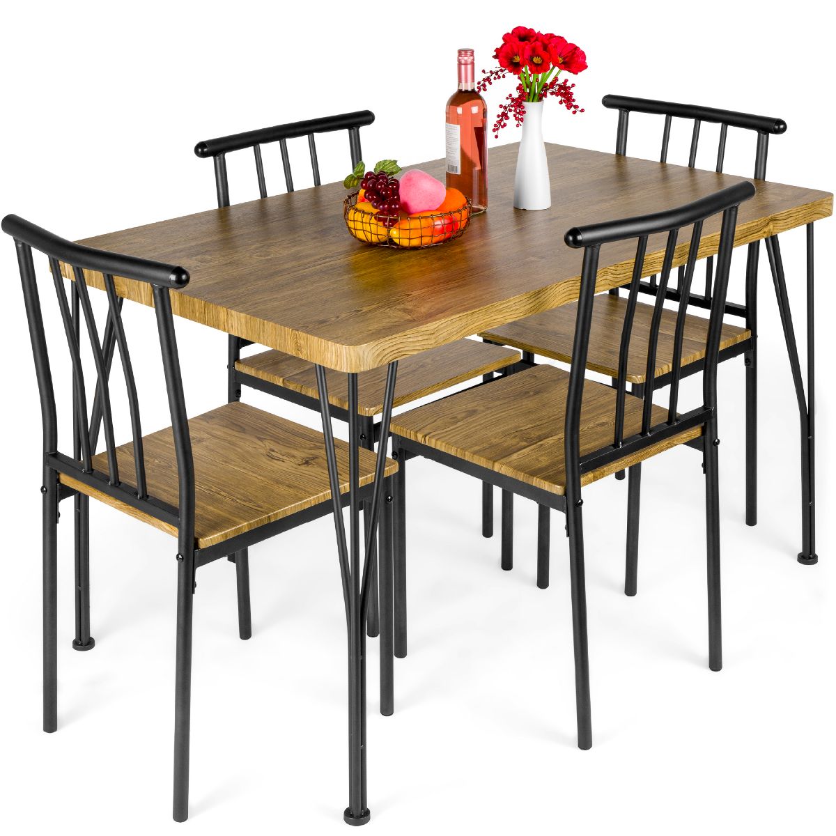 Best Choice Products 5-Piece Indoor Modern Metal Wood Rectangular Dining Table Furniture Set w/ 4 Chairs - Brown - thumbnail 8