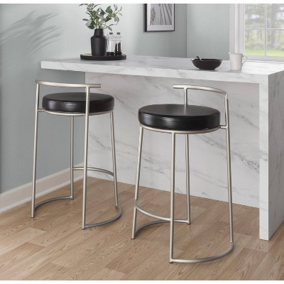 Set of 2 Black Leather and Metal Round Counter Stools