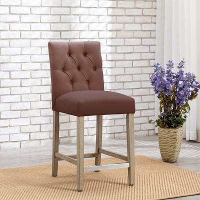 Brown Linen Upholstered Tufted Counter Stool with Wood Legs