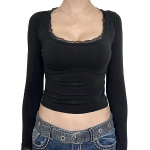 Women's Lace Trim Square Neck Long Sleeve T-Shirt Slim Fit Crop Tops - 1 of 4