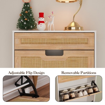 Shoe Cabinet, Shoe Storage with 3 Flip Doors, Natural Rattan Shoe Rack with Adjustable Shelf, 1 Drawer, Shoe Organizer Cabinet for Entryway