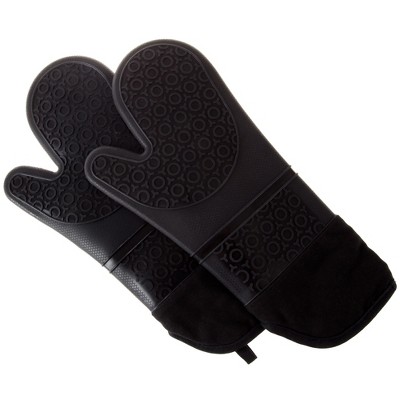 Silicone Oven Mitts - Extra Long Professional Quality Heat Resistant with Quilted Lining and 2-sided Textured Grip - 1 pair Black by Hastings Home