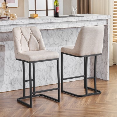 Sapphtopaz Modern Bar Stools Set of 2, Upholstered Dining Chairs with Button-Tufted Backrest, Metal Counter Barstools for Kitchen, Living Room