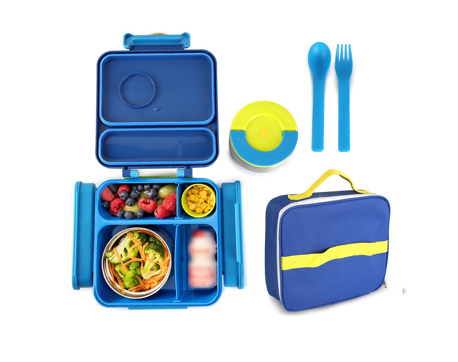 NewHome"Kids Lunch Box with Thermal Container, Insulated Bag, 2 Compartments, Spoon & Fork, Spill-Resistant"Blue
