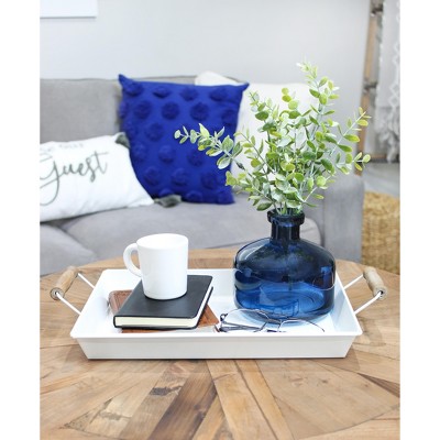 White Enamel Rustic Rectangular Trays with Wood Handles, Set of 2