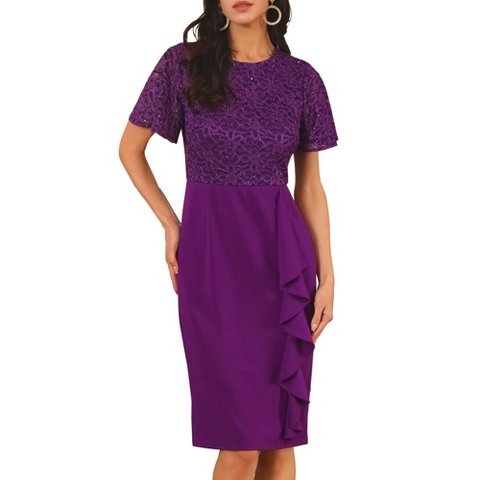 Женские платья INSPIRE CHIC Women's Sequin Lace Short Sleeve Bodycon Cocktail Midi Dress Dark Purple Small