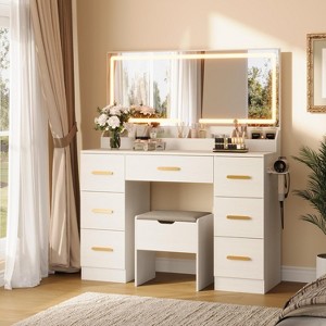 45.9in Makeup Vanity Desk with LED Lights & 8 Drawers, 3 Lighting Modes, Power Outlet - for Bedroom & Powder Room - 1 of 4