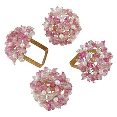 Pink Beaded Floral Iron Napkin Rings Set of 4