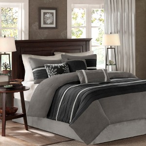 7 Pcs Bed in a Bag Luxury Faux Suede Design Premium Comforter Set, Striped Accent All Season Bedding, Royal Vintage Style Bed Set with Pillow Cases - 1 of 4