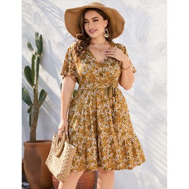 Coolmee Women Plus Size Casual Floral V Neck High Waisted Short Sleeve Wrap Midi Dress With Belt Yellow White 3XL