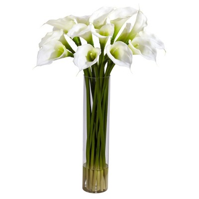 Nearly Natural 27-in Calla Lily With Cylinder Silk Flower Arrangement ...