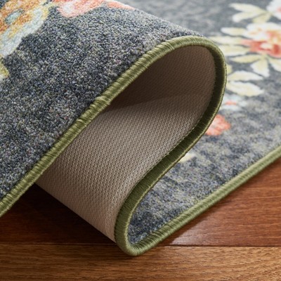 Gray and Pink Floral Bordered Rectangular Wool Rug