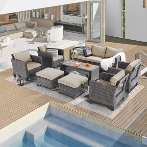 Sonkuki 8-Piece Patio Conversation Set with Ottoman and Side Table, Navy Blue Cushion - 1 of 4