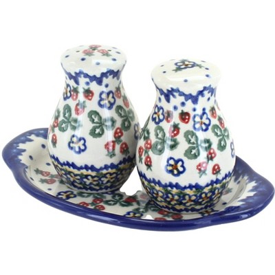 Blue Rose Polish Pottery Strawberry Garden Salt & Pepper Shakers with Tray