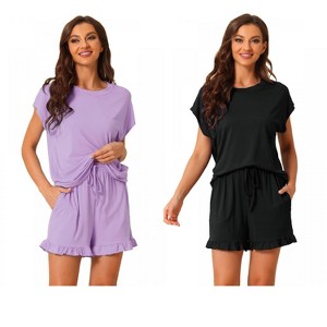 INSPIRE CHIC Women's 2 Pcs Summer Soft Short-Sleeve Tee with Ruffled Shorts Lounge Pajama Set - 1 of 4