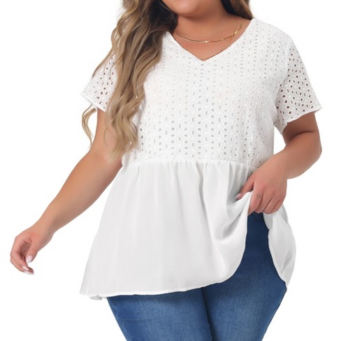 Full Size Eyelet V-Neck Short Sleeve Blouse Plus Size