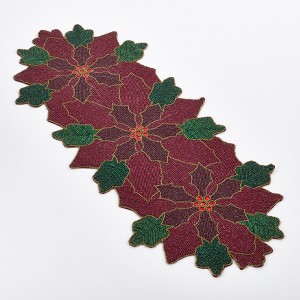 Saro Lifestyle Beaded Poinsettia Flower Design Holiday Christmas Table Runner, 15"x35", Red - 1 of 3