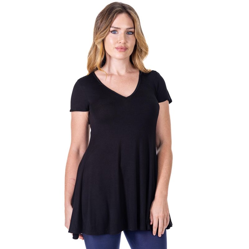 24seven Comfort Apparel Womens Short Sleeve Loose Fit Tunic Top with V Neck, 1 of 5