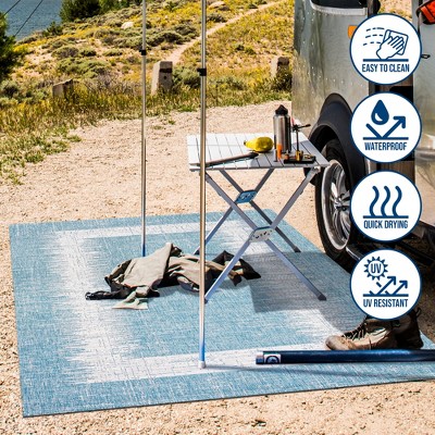 Aqua and Ivory Geometric Synthetic 3' x 5' Indoor/Outdoor Area Rug