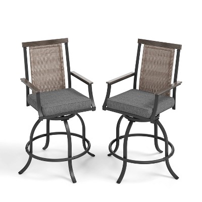 Captiva Designs 2pc Patio Rattan Backrest Metal Bar Swivel Chair with Wood-look Armrest and Gray Thickened Cushion