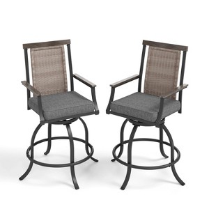 Captiva Designs 2pc Patio Rattan Backrest Metal Bar Swivel Chair with Wood-look Armrest and Gray Thickened Cushion - 1 of 4