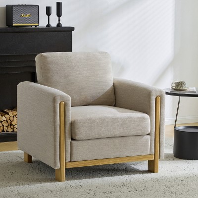 Beige Upholstered Barrel Accent Chair with Natural Wood Frame