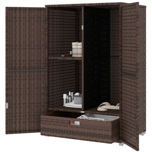 Outsunny Wicker Outdoor Storage Cabinet with Shelves, 2-Door Rattan Pool Towel Storage Cabinet with Removable Shelf & Drawer, Mixed Brown - image 1 of 4