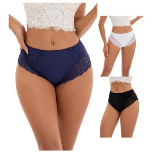 INSPIRE CHIC 3 Pcs Women's Wide Lace Trim Mid-Waisted Underwear Full Coverage Comfortable Briefs - 1 of 4